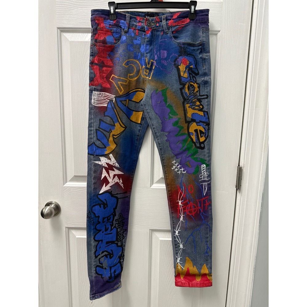 Men's Waimea Skinny Fit Graffiti Street Art Paint Jeans 32x32